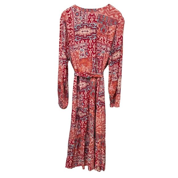 Denim & Co. Canyon Retreat Printed Tiered Midi Dress Size XL Rayon Coral Red - Picture 5 of 10